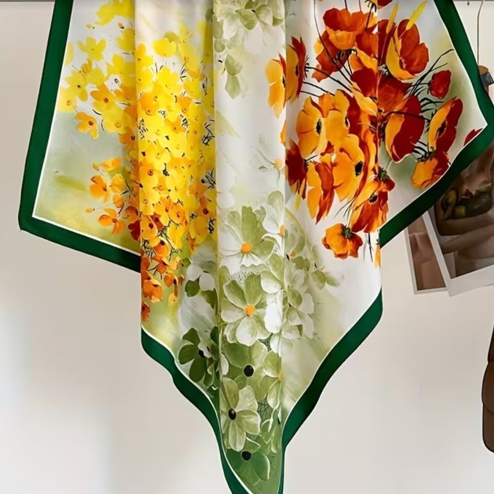 Floral Silky polyester Scarf with Orange and Green Accents - Picture 6 of 7
